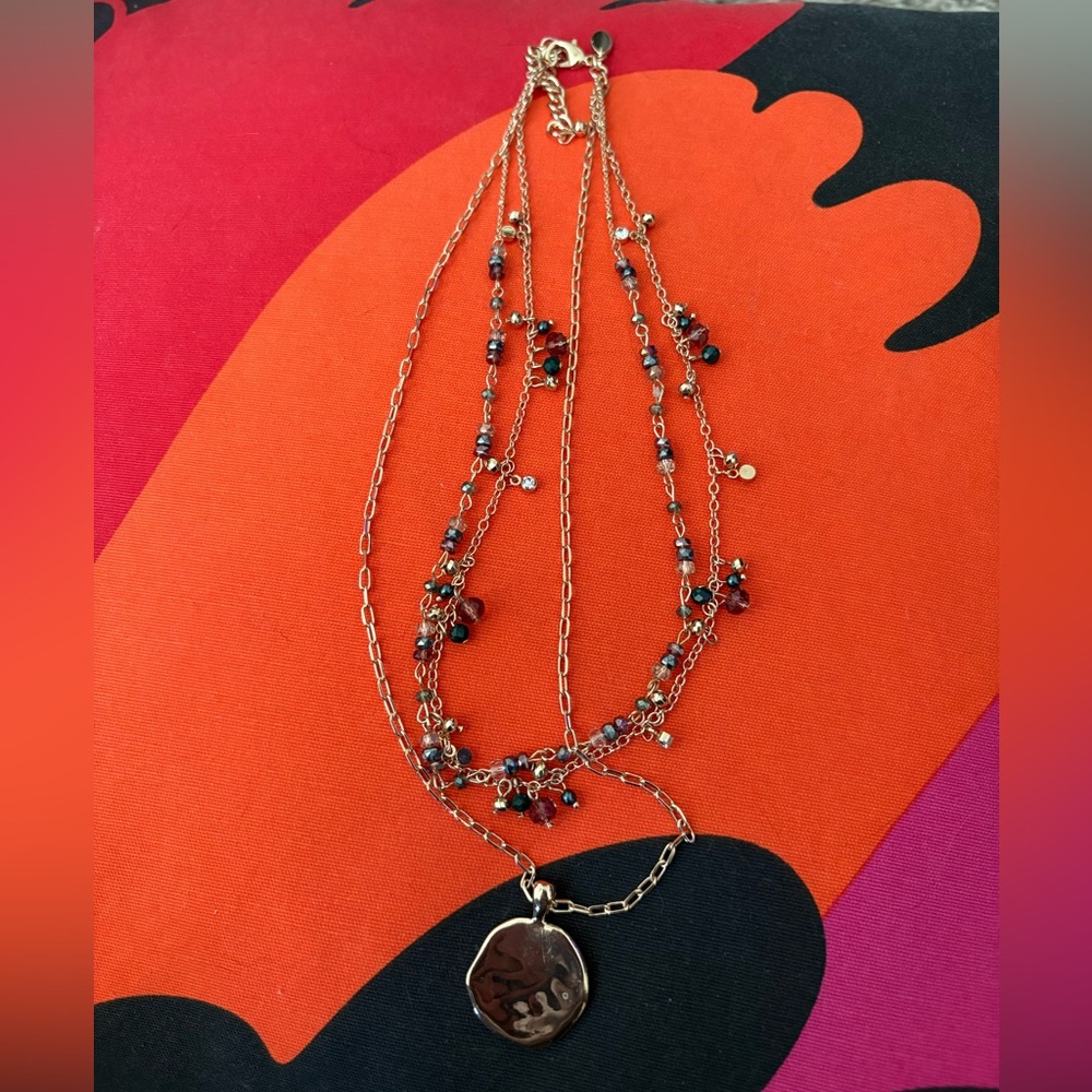 Gold-Tone Multi-Strand Necklace with Red and Black Beads